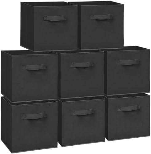 11 Inch Fabric Storage Cubes, Sturdy Foldable Storage Bins, Heavy Duty Cube Organizer for Clothes, Blankets, Shelves, Closets, Bedroom, Living Room, Black, 8 Pack by Unknown