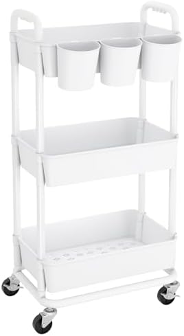 JIUYOTREE 3-Tier Plastic Rolling Storage Cart Utility Cart with Extra Hanging Cups Handles Lockable Wheels for Living Room Bathroom Kitchen Office White by JIUYOTREE
