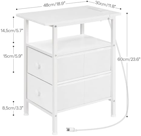 HOOBRO End Table with Charging Station, Narrow Side Table, Nightstand with 2 Non-Woven Drawers, Slim Sofa Side Table, for Small Spaces, Living Room, Bedroom, White WT486UBZ01 - Image 3