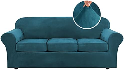 H.VERSAILTEX Modern Velvet Plush 4 Piece High Stretch Sofa Slipcover Sofa Cover Furniture Protector Form Fit Luxury Thick Velvet Sofa Cover for 3 Cushion Couch Width Up to 90 Inch (Sofa,Deep Teal) by HVERSAILTEX