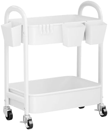 2 Tier Rolling Cart Metal with Wheels,White Under Desk Storage Roller Carts by Recximi