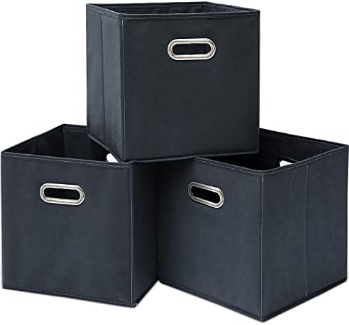 Black Fabric Cubby Storage Bins,13x13x13 Inches ,Cube Organizer Bin Foldable Storage Boxes with Dual Handles Fabric Organizer Box and collapsible Storage basket,Set of 3,Grey by Yunkeeper