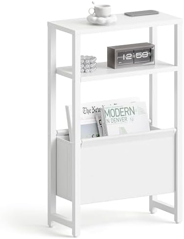 Narrow Side Table, Slim End Table with Magazine Rack, Skinny Bedside Table for Small Spaces, 3 Tier Sofa Couch Table Nightstand for Living Room, Bedroom, White LET503W by IRCPEN