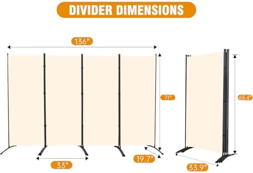 4 Panel Folding Privacy Screens, Portable Room Divider Panel, 6Ft Beige - Image 3