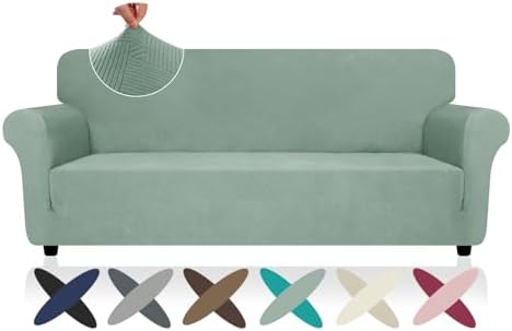 ZNSAYOTX Super Stretch Couch Cover (72"-92"), New Striped Sofa Covers Fitted Slipcovers with Elastic Bottom, Dog Cat Pets Proof Spandex Fabric Comfortable & Durable (Pea Green, Sofa) by ZNSAYOTX