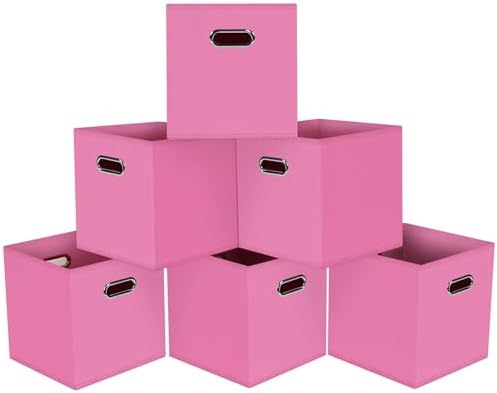 Black Foldable Storage Cubes Bins, Fabric Storage Box Cubes Organizer Baskets with Dual Handles for Home Organizer,Set of 6,(Pink) by HEAYEEG