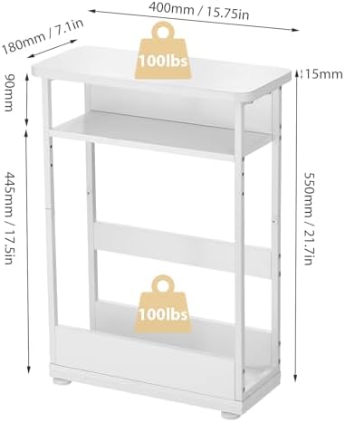 Narrow Side Table,3-Tier Slim End Table with Storage Shelf,Modern Sofa Table Thin Side Table for Narrow and Small Spaces, Skinny Bedside Table Small Nightstand with Magazine Rack Space Saving/White - Image 3