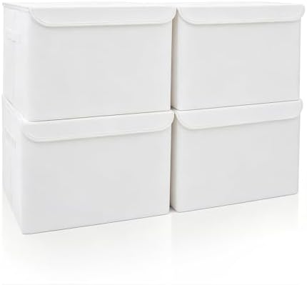 Bagnizer Large 22 Quart Linen Fabric Foldable Storage Bin Cube Organizer Basket with Flip-Top Lid & Handles, Clothes Blanket Box for Home, Office, Closet, White, 4 Pack 14.6 x 9.5 x 9.5” by Bagnizer