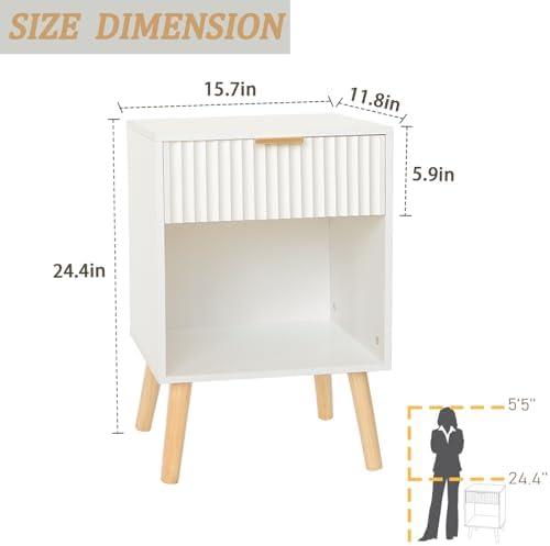 Fultyle White Fluted Nightstand, Modern Bedside Table with Drawer and Shelf - Image 3