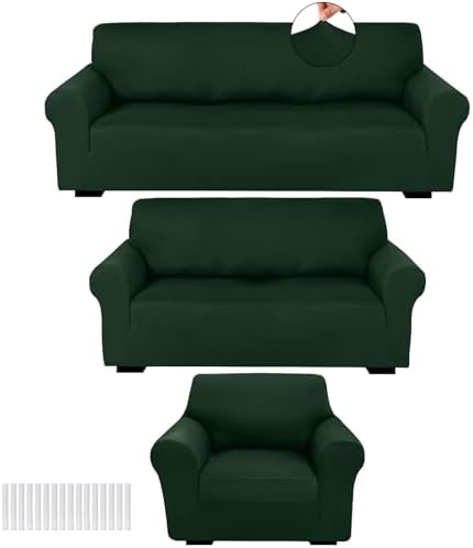 Peryiter 3 Pcs Couch and Loveseat Sofa Covers,Dark Green,Milk Silk by Peryiter