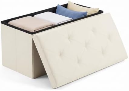 OLIXIS 30 Inch Folding Storage Ottoman Bench, Beige Ottoman with Storage by OLIXIS