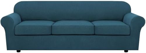 H.VERSAILTEX 4 Piece Stretch Sofa Covers for 3 Cushion Couch Covers for Living Room Furniture Slipcovers (Base Cover Plus 3 Seat Cushion Covers) Thicker Jacquard Fabric (Large Sofa, Deep Teal) by HVERSAILTEX