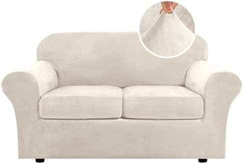 H.VERSAILTEX Real Velvet Plush 3 Piece Stretch Sofa Covers Couch Covers for 2 Cushion Couch Loveseat Covers Width Up to 72 Inch Feature Thick Soft Stay in Place (Medium Sofa, Ivory) by HVERSAILTEX