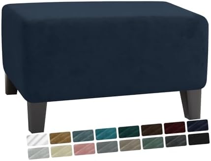 MAXIJIN Velvet Ottoman Cover Rectangular Stretch Square Ottoman Covers Slipcover Rectangle Washable Foot Stool Cover Thick Storage Protector with Elastic Bottom (Ottoman XX-Samll, Navy Blue) by MAXIJIN