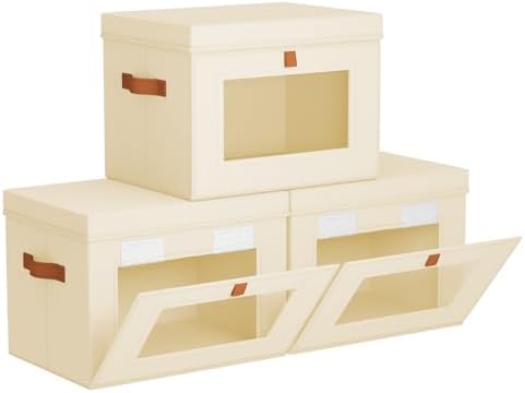 Homsorout Storage Bins with Lids - Front Opening Storage Box with Clear Window & Handles, Stackable Foldable Fabric Bins for Closet Organization, Clothes, Sweaters, Towels, Blankets, 3 Pack, Beige by Homsorout