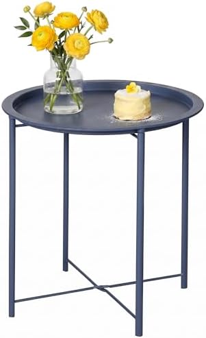 VECELO Side/End Table, Folding Round Metal Anti-Rust and Waterproof Outdoor or Indoor Tray for Living Room Bedroom Balcony and Office, 1 PCS, Blue by VECELO