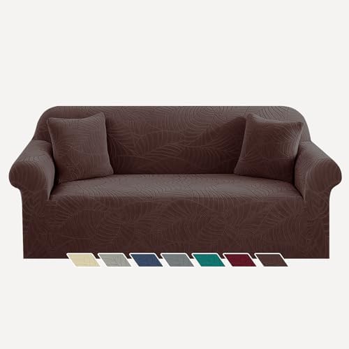 YEMYHOM Couch Cover Latest Jacquard Design High Stretch Sofa Covers for 3 Cushion Couch, Pet Dog Cat Proof Slipcover Non Slip Magic Elastic Furniture Protector (Large, Begonia Leaf Coffee) by YEMYHOM