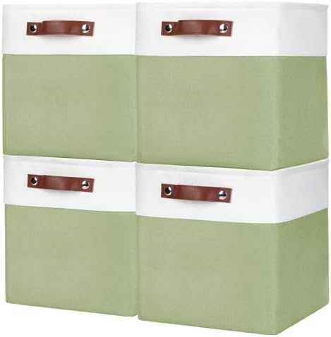 Bagnizer Collapsible Fabric Storage Cubes 11x11 Cube Storage Bins, 4 Pack Closet Baskets Box with Handles for Organizing, Shelf, Toys, Clothes, Home, Office, Nursery (Green&White) by Bagnizer