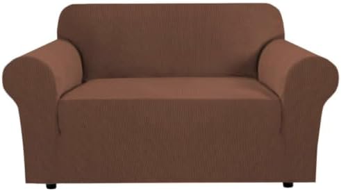 H.VERSAILTEX Stretch Couch Cover Loveseat Covers for 2 Cushion Couch Slipcover|Cover for Loveseat 1 Piece with Elastic Bottom, Checked Jacquard Fabric(58'-70' Wide, Caramel) by HVERSAILTEX
