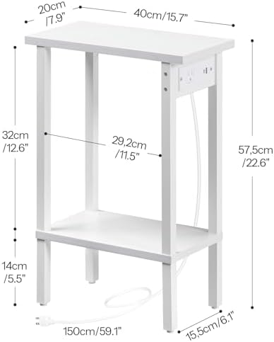 HOOBRO Narrow Side Table, 2-Tier Slim End Table with Charging Station, Skinny Nightstand with Open Storage, for Small Spaces, Living Room, Bedroom, Study, White WT240UBZ01 - Image 3