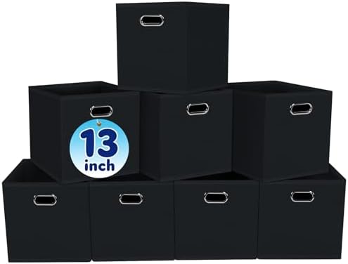 Fabric Cubby Storage Bins,13x13x13 Inches ,Cube Organizer Bin Foldable Storage Boxes with Dual Handles Fabric Organizer Box and collapsible Storage basket,Set of 8,Black by Yunkeeper