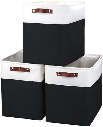 Bagnizer Large Fabric Storage Baskets | 50L Storage Bins, Decorative Linen Closet Baskets with Handles for Organizing, Shelf, Toys, Clothes, Home, Office, Nursery, 17x12x15Inches (Black&White) by Bagnizer