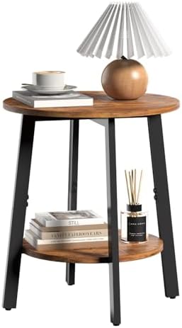 sthmec Side Table, Small Round End Table with Storage Shelf for Small Space, 2-Tier Bedside Table Sofa Couch Table, Round Accent Table Nighstands for Living Room, Bedroom, Rustic Brown by Unknown