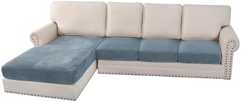 H.VERSAILTEX Velvet Stretch Sectional Couch Covers - 4 Piece Sofa Seat Cushion Set - L Shape Separate Cushion - Both Left/Right Couch Chaise Cover - Large Sofa 3 Seater + 1 Chaise, Stone Blue by HVERSAILTEX