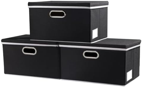 PRANDOM Storage Boxes with Lids [3-Pack] Fabric Collapsible Storage Bins Organizer Containers Baskets Cube with Cover for Home Bedroom Closet Office Nursery Black（11.4X8.6X6.7 by Prandom