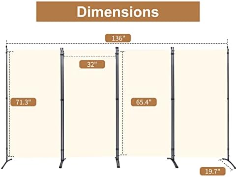 4 Panel Folding Room Divider,136" W x 71.3" H Portable Privacy Screen,Beige - Image 2