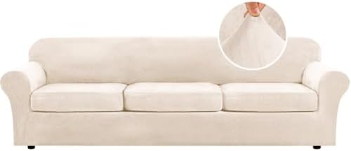 H.VERSAILTEX Modern Velvet Plush 4 Piece High Stretch Sofa Slipcover Furniture Protector Form Fit Velvet Extra Large Sofa Cover for 3 Cushion Couch Width Up to 105 Inch (XL Sofa, Cream) by HVERSAILTEX