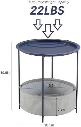 VECELO Round Side/End Table with Fabric Storage Basket，Metal Anti-Rust and Waterproof Small Bedside Nightstand with Removable Tray Top for Living Room，Balcony & Laundry，Blue /2pcs with Basket - Image 3