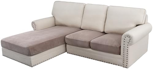 H.VERSAILTEX Velvet Stretch Sectional Sofa Covers - 3 Pieces, L-Shaped Chaise, Taupe Striped by HVERSAILTEX