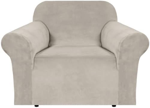 H.VERSAILTEX Stretch Velvet Armchair Cover Couch Covers 1 Cushion Chair Slipcover for Living Room Furniture Cover Crafted from Thick Comfy Rich Velour (Chair 31"-49", French Oak) by HVERSAILTEX