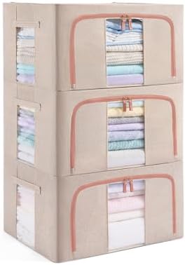 GuliPostan 3 Pack 24L Stackable Clothes Storage Bins with Metal Frame Handles & Zipper, Collapsible Closet Organizer Box with Lid for Bedding Blankets Towel (Beige) by Unknown