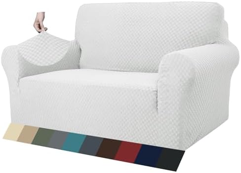 ZNSAYOTX 1 Piece Jacquard Couch Covers for 2 Cushion Couch High Stretch Loveseat Slipcover for Pets Dogs Anti Slip Love Seat Sofa Slipcover Furniture Protector (Medium, White) by ZNSAYOTX