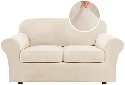 H.VERSAILTEX 3 Piece Stretch Sofa Covers Couch Covers for 2 Cushion Couch Loveseat Covers Width Up to 72 Inch Feature Thick Soft Stay in Place (Medium Sofa, Cream) by HVERSAILTEX