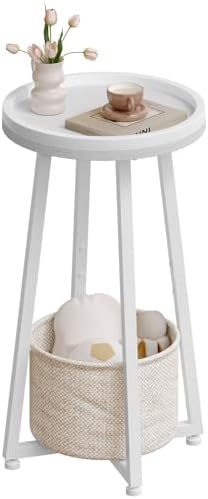 HOOBRO Small Round Side Table, 2-Tier Round Sofa End Table, Compact Nightstand with Cotton Linen Storage Basket, for Small Space, Living Room, Bedroom, Dorm, White WW183BZ01 by HOOBRO