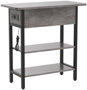 Yoobure End Table with Charging Station, Flip Top Side Table with USB Ports and Outlets, Sofa Couch Table Bedside Table for Living Room Bedroom, Narrow Nightstand with Shelves for Small Space Gray - Image 5