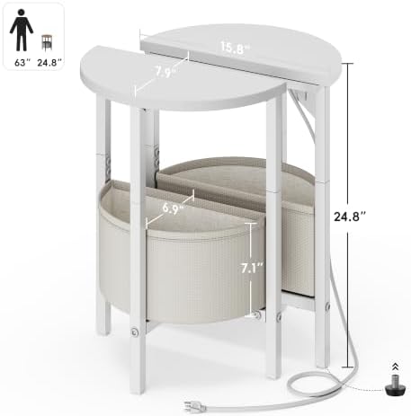 Vagusicc Round Side Table with Charging Station, Round End Table with Fabric Basket, Accent Table Coffee Table, Set of 2 Half Moon Tables, Bedside Table, Modern LED Nightstand for Living Room, White - Image 3