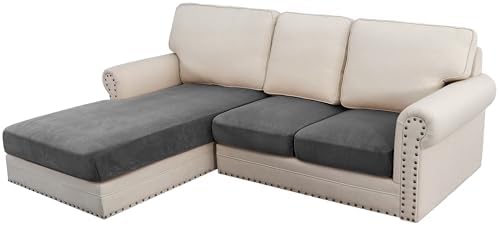 H.VERSAILTEX Velvet Stretch Sectional Couch Covers, 3 Pieces, L-Shaped with Separate Cushions - For Both Left/Right Couch Types (Large Sofa 2 Seater + Chaise, Grey Striped) by HVERSAILTEX