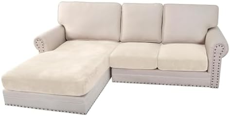 H.VERSAILTEX Velvet Stretch Sectional Couch Covers 3 Pieces Sofa Seat Cushion Covers L Shape Separate Couch Cover for Both Left/Right Sectional Couch (Large Sofa 2 Seater + 1 Chaise, Cream) by HVERSAILTEX