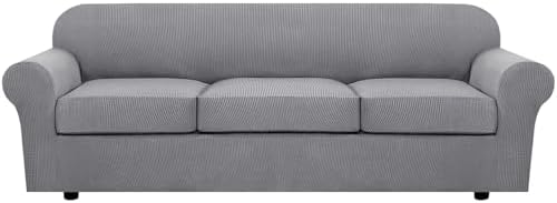 H.VERSAILTEX 4 Piece Stretch Sofa Covers for 3 Cushion Couch Covers for Living Room Furniture Slipcovers (Base Cover Plus 3 Seat Cushion Covers) Thicker Jacquard Fabric (Large Sofa, Dove) by HVERSAILTEX