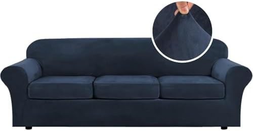H.VERSAILTEX High Stretch Sofa Slipcover 4 Piece Cover Velvet Furniture Protector Form Fit Thick Velvet Extra Large Sofa Cover for 3 Cushion Couch Width Up to 97 Inch (Large Sofa, Navy) by HVERSAILTEX