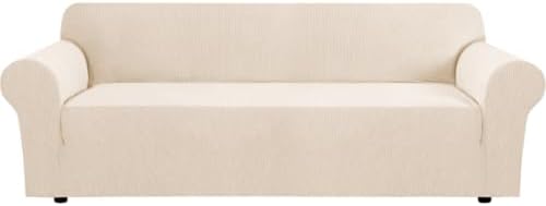 H.VERSAILTEX Stretch Couch Covers for Sofa 1 Piece Slipcovers for Couches and Sofas 3 Seater Couch Cover Feature Thick Checked Jacquard Fabric with Elastic Bottom(Large Sofa 90"-100" Wide, Natural) by HVERSAILTEX