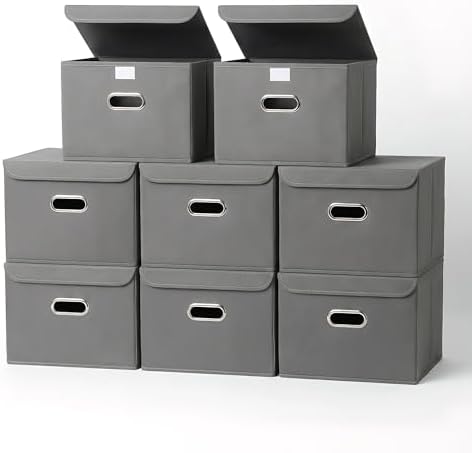 8-Pack Large Collapsible Storage Bins with Lids,Fabric Storage Cubes Organizer for Shelves,Closet,Nursery,Foldable Cube Storage Baskets with Handles,Home Boxes (14.9"x9.8",Grey) by SEVENDOME