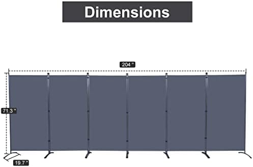 6 Panel Folding Room Divider,204" W x 71.3" H Portable Privacy Screen,Grey - Image 5