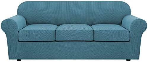 H.VERSAILTEX 4 Piece Stretch Sofa Covers for 3 Cushion Couch Covers for Living Room Furniture Slipcovers (Base Cover Plus 3 Seat Cushion Covers) Upgraded Thicker Jacquard Fabric (Sofa, Storm Blue) by HVERSAILTEX