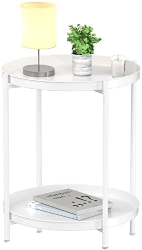 EKNITEY 2 Tier End Table - Metal Side Table with Removable Tray (White) by EKNITEY