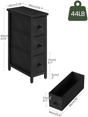 CHOEZON Narrow Side Table with 3 Fabric Drawers, Industrial Slim Bedside Table for Small Spaces, Bedroom, Living Room, Dormitory, Black TBZ09BB - Image 3
